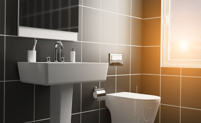 Clean and fresh bathroom with natural light. 3D rendering.. Sunset.
