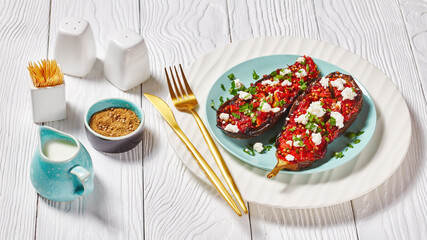 eggplants stuffed with savory tomatoes and feta