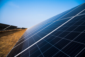 Blue solar panels with the sunny sky