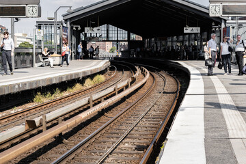 the iron elevated track of the hamburger ubahn line U3 in the port of hamburg in bright sunshine