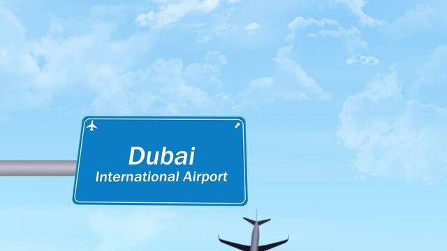 Aero plane landing on Dubai International Airport with Signboard 4K Animation. Modern 3D Rendered Plane landing at Airport 