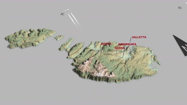 Seamless looping animation of the 3d terrain map of Malta with the capital and the biggest cites in 4K resolution