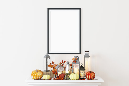 frame mock up autumn decor with pumpkins, 3d render