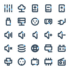 Bold line icons for electronics.