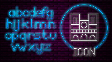 Glowing neon line Landmark of France Notre Dame de Paris icon isolated on brick wall background. Neon light alphabet. Vector