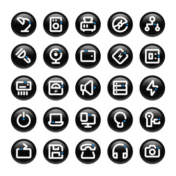 Circle outline icons for electronics.