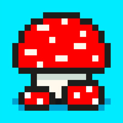 Obraz premium Pixel art, digital mushroom, big and small red amanita, flat web icon, vector design retro object