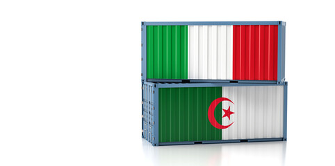 Two freight container with Italy and Algeria flag. Copy space on the left side - 3D Rendering