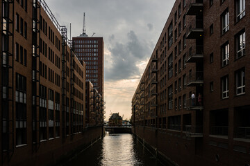 Naklejka premium the Speicherstadt in hamburg photographed in broad daylight with dramatic colors and slightly desaturated
