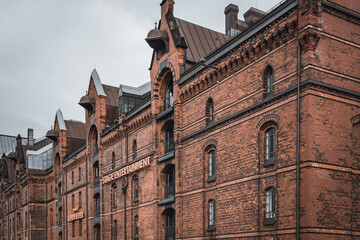 the Speicherstadt in hamburg photographed in broad daylight with dramatic colors and slightly desaturated