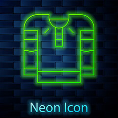 Glowing neon line Embroidered shirt icon isolated on brick wall background. National ukrainian clothing. Vector