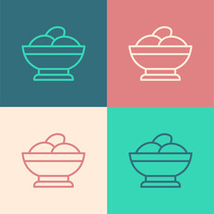 Pop art line Varenyky in a bowl icon isolated on color background. Pierogi, varenyky, dumpling, pelmeni, ravioli. Traditional Ukrainian food. Vector
