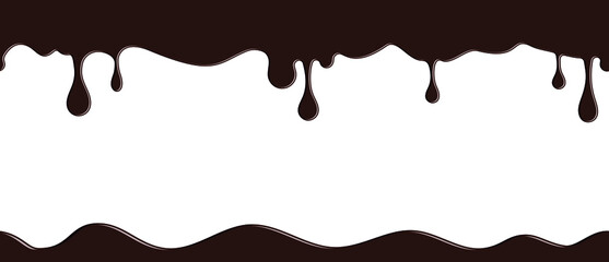 Seamless melting chocolate pattern. Liquid chocolate drops, vector image for banner, postcard, background, advertising on a white background.