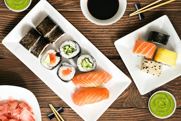 Fototapeta na wymiar Sushi food traditional japanese cuisine aerial or top view