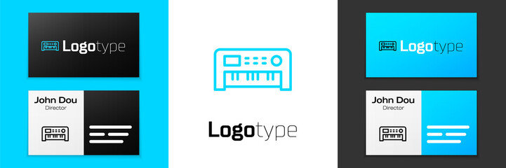 Fototapeta na wymiar Blue line Music synthesizer icon isolated on white background. Electronic piano. Logo design template element. Vector