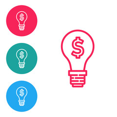 Red line Light bulb with dollar symbol icon isolated on white background. Money making ideas. Fintech innovation concept. Set icons in circle buttons. Vector