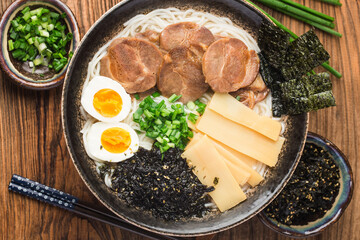 Miso Ramen Asian noodles with egg,  Japanese cuisine.