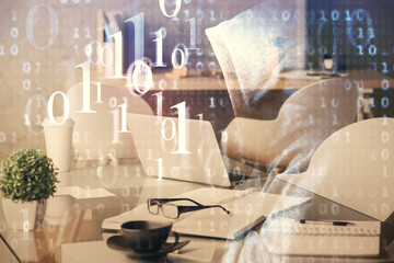 Double exposure of data theme drawing and office interior background. Concept of technology.