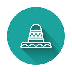 White line Traditional mexican sombrero hat icon isolated with long shadow background. Green circle button. Vector