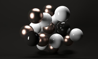 Abstract black background with flying metal spheres. Backdrop design for product promotion. 3d rendering