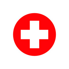 International sign of the red medical cross. Icon in a red circle. Vector symbol on white background.