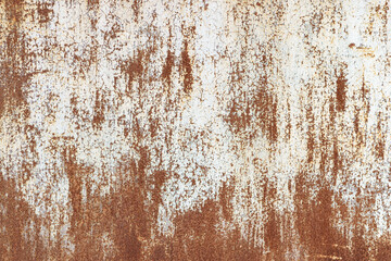 Painted in white old cracked metal rusted background. Metal rust texture. Erosion metal. Scratched and dirty texture on outdoor rusted metal wall.