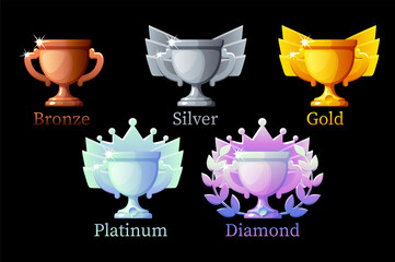 Game Rank awards cup, gold, silver, platinum, bronze, diamond cups 6 steps animation for game. - obrazy, fototapety, plakaty