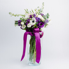 Bouquet Matiola ranunculus, anemone eustoma, wax flower.