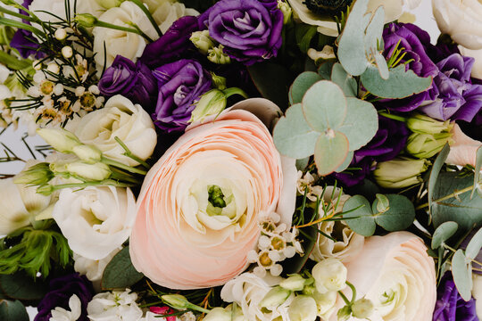 Bouquet Matiola ranunculus, anemone eustoma, wax flower.