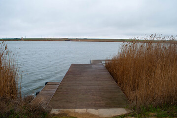 Naklejka premium The image of a narrow wooden bridge leading to the lake and reeds. Long and narrow bridge with reeds on the right