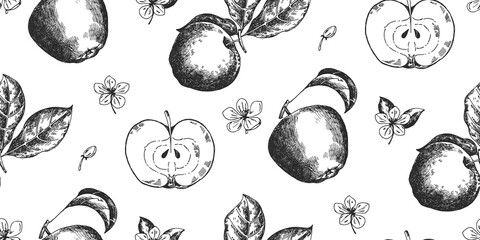 Seamless vector pattern in graphic style. Apples and flowers. Hand drawn vector background for invitation, fabric, decor.