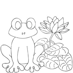 Coloring page of a frog with lotus.Coloring book for adults and children.