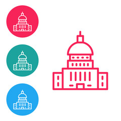 Red line White House icon isolated on white background. Washington DC. Set icons in circle buttons. Vector