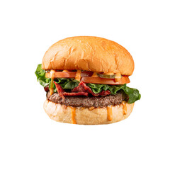Isolated fresh grilled american burger with bacon on the white