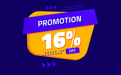 sixteen percent discount. purple banner with orange floating balloon for promotions and offers