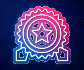 Glowing neon line Medal with star icon isolated on blue background. Winner achievement sign. Award medal. Vector