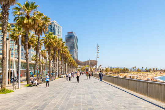 Picture of Barceloneta seafront promenade captured during a sunny day.
