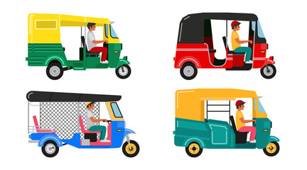 Set Indian motor rickshaw car. Asian tuk tuk. Vector illustration