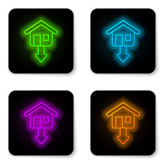Glowing neon line Property and housing market collapse icon isolated on white background. Falling property prices. Real estate stock risk or economic recession. Black square button. Vector
