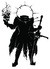 Black silhouette of a sinister knight without a head he will ride in plate armor and a ragged cloak, in his hands a huge sword and a fiery skull. 2d illustration - obrazy, fototapety, plakaty