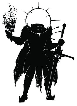 Black Silhouette Of A Sinister Knight Without A Head He Will Ride In Plate Armor And A Ragged Cloak, In His Hands A Huge Sword And A Fiery Skull. 2d Illustration