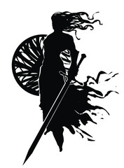 The black silhouette of the ghost of a man in a torn toga, he floats through the air as if in water, in his hands a strange holey shield and a long sword. 2d illustration