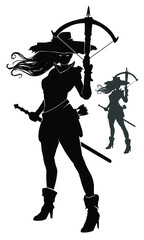 The black silhouette of a vampire hunter girl, she stands in a big hat, her hair fluttering in the wind, she holds a crossbow and a sword at the ready. 2d illustration