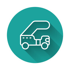 White line Passenger ladder for plane boarding icon isolated with long shadow background. Airport stair travel. Green circle button. Vector