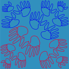 hands, hands of a woman,hands of a man, hands of a family, hands of children, on a scarlet,pink, blue background