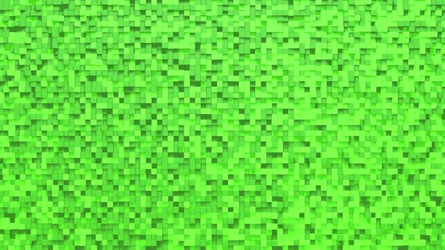 Green small box cube random geometric background. Abstract square pixel mosaic illustration. Land block background. Fantasy fractal design. Digital art. 3d animation loop of 4K