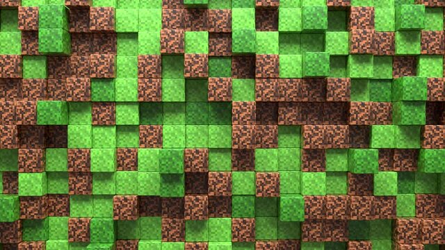 3D Abstract cubes loop. Video game isometric geometric mosaic waves pattern. Construction of hills landscape using brown blocks. Minecraft style. 4K animation