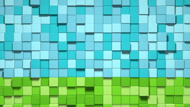 Video game geometric mosaic waves pattern. Construction of hills landscape using green grass blocks, blue sky. Pixel background. Minecraft style. 3d animation loop of 4K