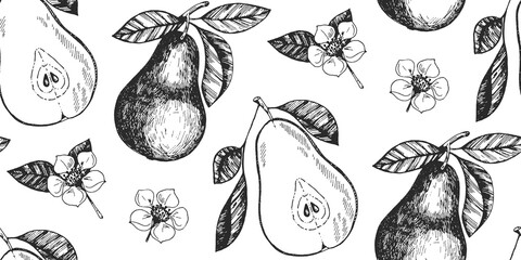 Seamless vector pattern in graphic style. Pears and flowers. Hand-drawn backdrop for invitations, fabric, decor.