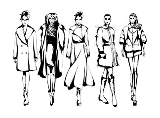 Beautiful young woman in spring coat. Hand drawn fashion girl. Fashion model posing. Sketch. Vector illustration. Fashion woman look. Sketch.